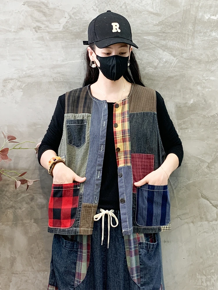 Max LuLu Fashion Autumn Sleeveless Clothes Womens Loose Plaid Denim Vest Classic Printed Coats Ladies Casual Vintage Waistcoats