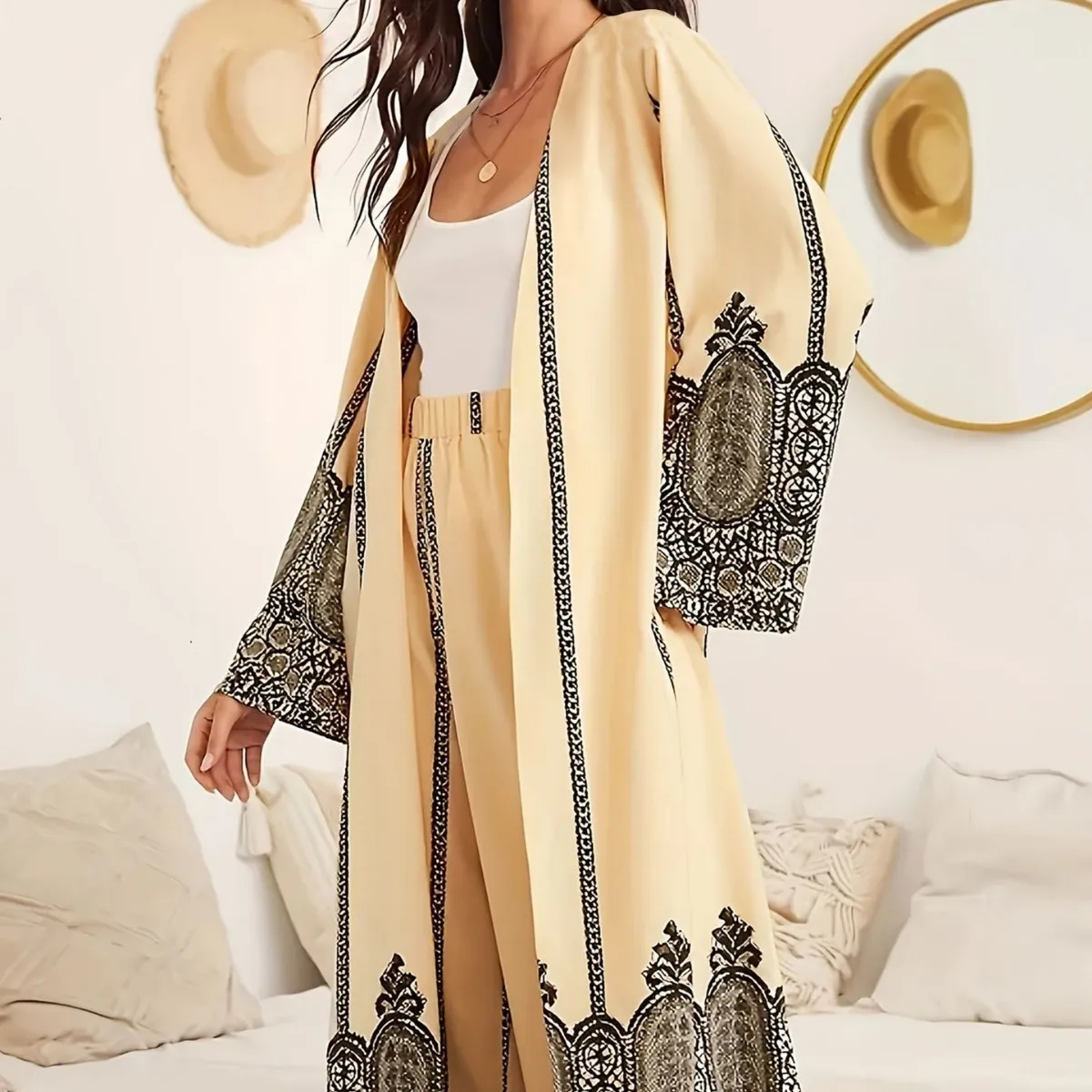 Eid 2 Piece Sets Pants Suit Women Print Long Robe Wide Leg Pant Ramadan Ensemble Morocco Dubai Muslim Trousers Loose Outfits