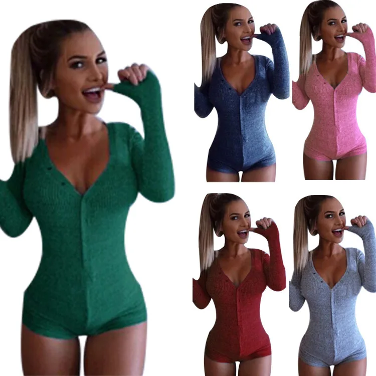 2024 Hot selling Autumn/Winter Deep V-neck Button Thread Long Sleeve Warm Tight jumpsuit shorts