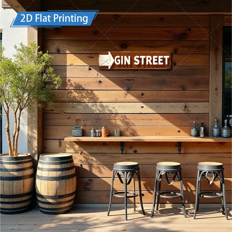[2D FLAT] 1pc Metal Sign, 4×16inch Rustic Gin Street Sign 2D Flat Print Metal Art Decor