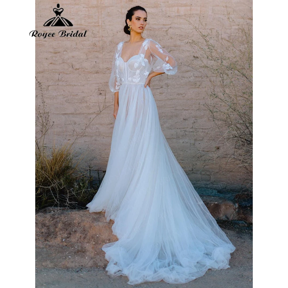 

Roycebridal 2025 New Sweetheart Neck Lace Applique Tulle A Line Wedding Dress Three Quater Puff Sleeve Customized Vestido Novia