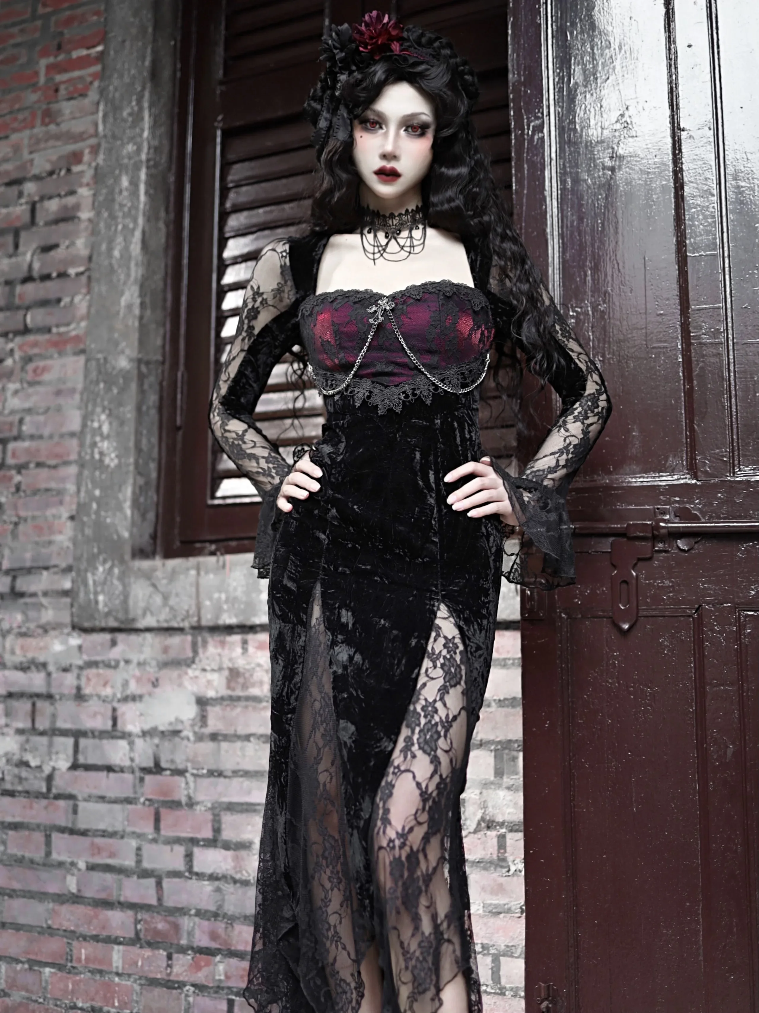 

New Japanese Harajuku Punk Stitching Black Dress Hot Girl Fashion Lolita Temperament Kawaii Sexy Velvet Slim Fishtail Lace Dress