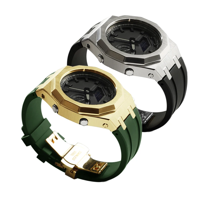 متوافق مع GA-2100/2110/B2100 GMA-S2100 حافظة معدنية من الفولاذ المقاوم للصدأ بحزام مطاطي ملحقات تعديل الساعة.