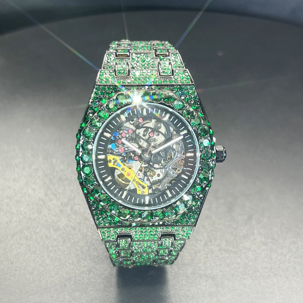 Luxury Men Automatic Wristwatch Top Brand Mechanical Skeleton Original Green Diamond Watches Waterproof Clock Relogio Masculin