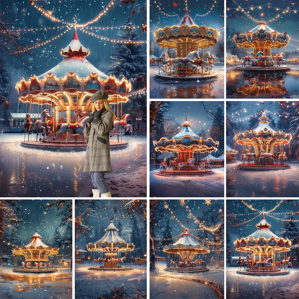 Christmas Photography Background Glitter Carousel Xmas Carnival Night Kid Birthday Party Backdrop Winter Snow Floor Decor Studio