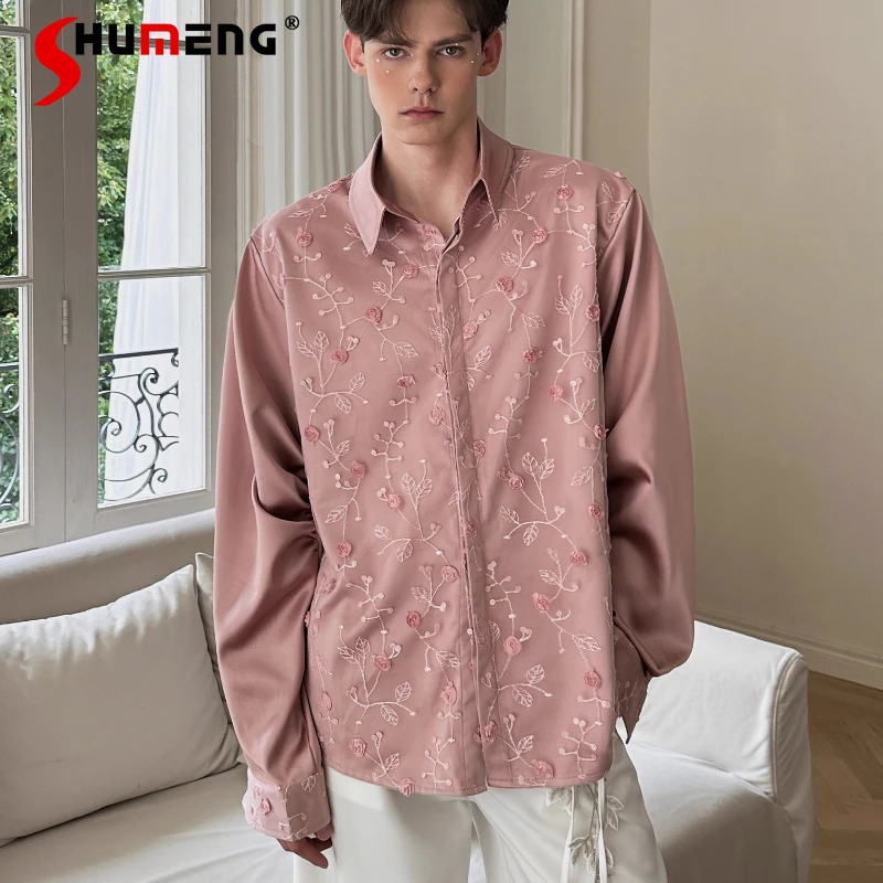 

Fashion Versatile Pleated Long Sleeve Shirts Men 2025 Autumn New 3D Floral Design Shirts Male Handsome Elegant Unique Chic Tops