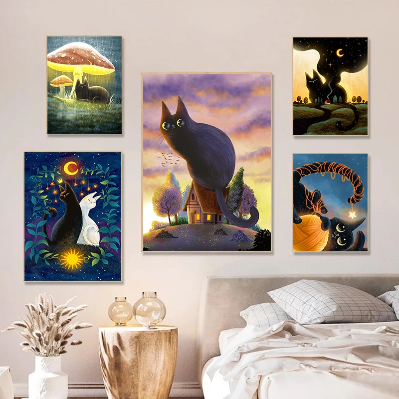 Night Boho Magic Night Sky Star Cheerful Black Cat Poster Print Wall Art Pictures Canvas Painting Living Room Bedroom Home Decor