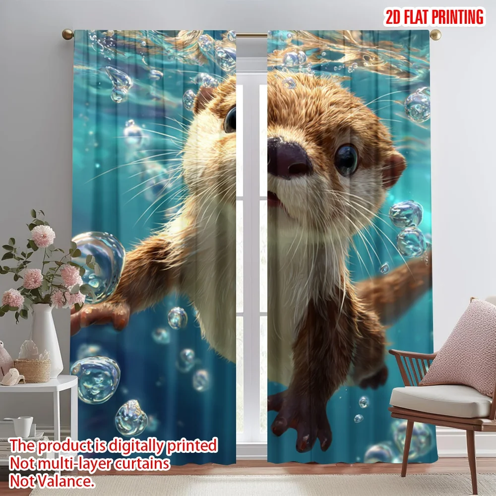 

2D flat printing 2pcs Scene Curtains Curious Otter Underwater Digital Printed Polyester Drapes Family Party Use for Photo Booths