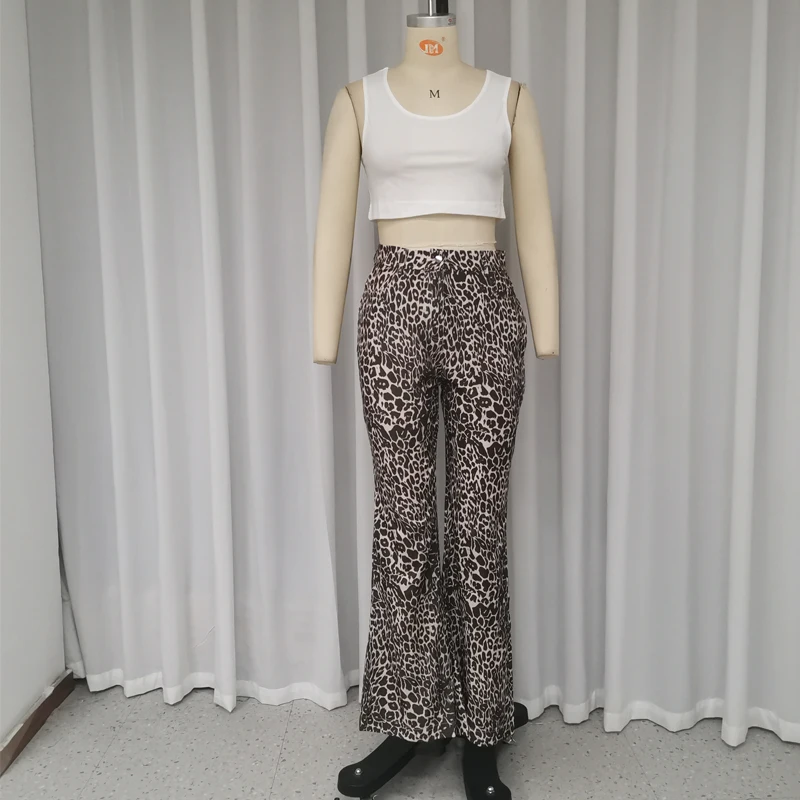 Waytobele Sets For Women 2 Pieces Summer Fashion Casual Solid Tank Round Neck Top Loose Leopard Print Wide Legs Pants Sets