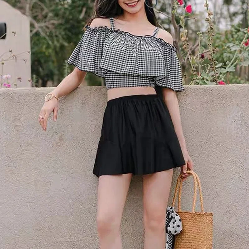 2024 New Summer Fashion Checker Off Shoulder Strap with Ruffle Edge High Waist Sexy Back Strap Two Piece Skirt Swimwear B448