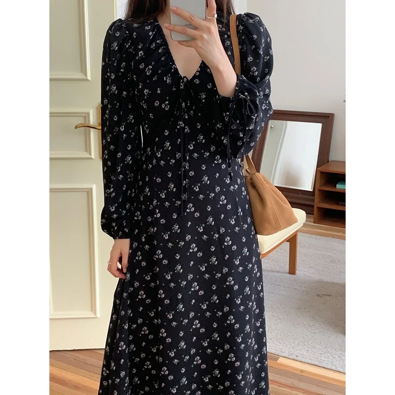 Fashion V-Neck Lace Up Lace Printed Puff Sleeve Floral Dress Women\'s Clothing Autumn New Loose Office Lady Vintage Dresses