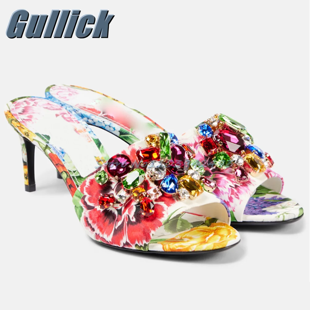 2025 Floral Gem Sandals Peep Toe Heels Women Fashion Designer High Heel Luxury Slip On Shoes Summer Mixed Color Slippers Mules
