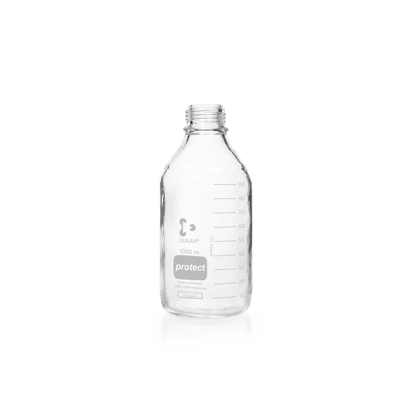 DURAN®Bouteille de laboratoire de protection, transparente, revêtue de sécurité plastique, filetage DIN 168-1, PEUGEOT, sans bouchon à vis ni anneau de versement