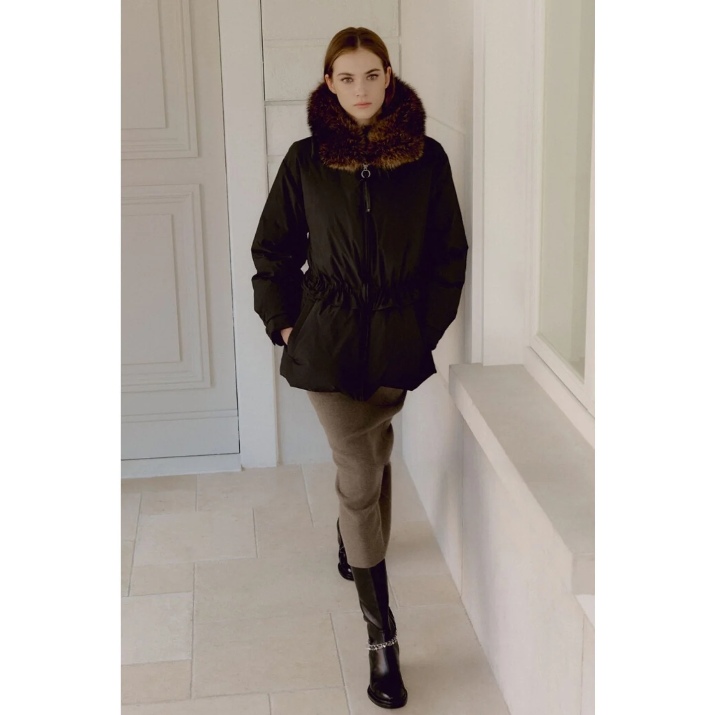 QPP 프리미엄 구스다운 재킷 신축성 있는 허리밴드 탈부착 가능한 퍼 칼라 캐주얼 루즈핏 롱 코트