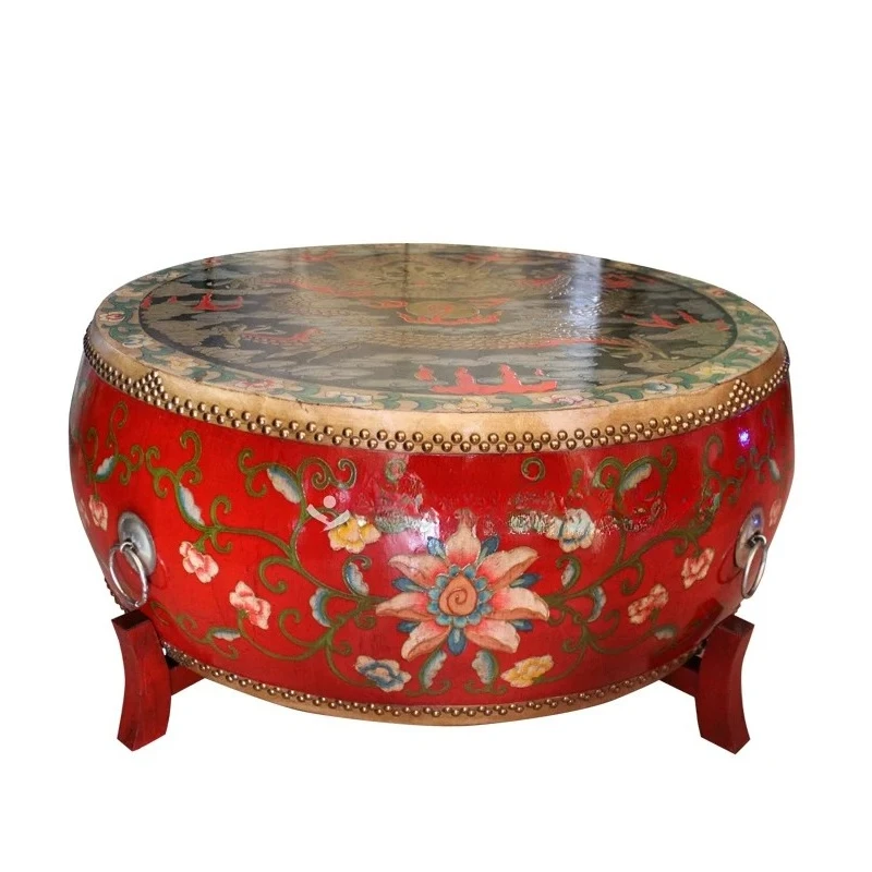 New Chinese creative solid wood round table painted living room cowhide drum coffee table antique tea table furniture