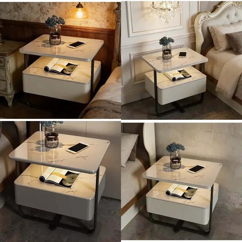 Luxury Modern Wrought Iron Bedside Table Simple Solid Wood Bedroom Furniture Light Stone Finish Nightstand