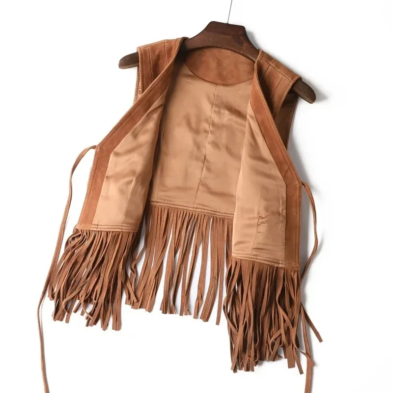 سترات نسائية من الجلد الطبيعي سترة معطف عتيق لربيع وخريف رعاة البقر الغربية من جلد الغنم المدبوغ شرابة ملابس بني داكن برباط علوي