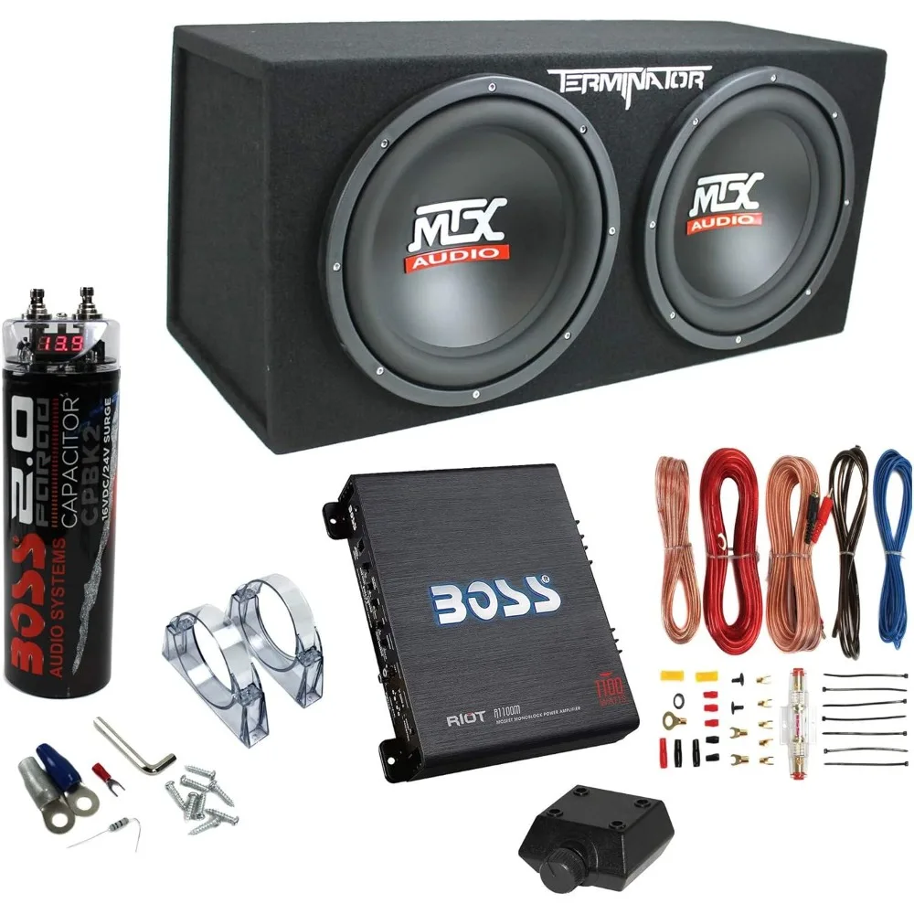 Paquete de subwoofer de audio para automóvil de doble carga de 12 pulgadas, 1200 vatios, 4 ohmios, con subcaja, amplificador Boss Mono A/B de 1100 W,