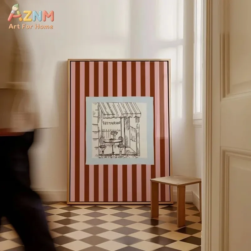 AZNM Pink Brown Vertical Stripe Canvas Wall Art Vintage Paris Restaurant Sketch Hand Drawn Print Unframed Canvas French Cafe Aes
