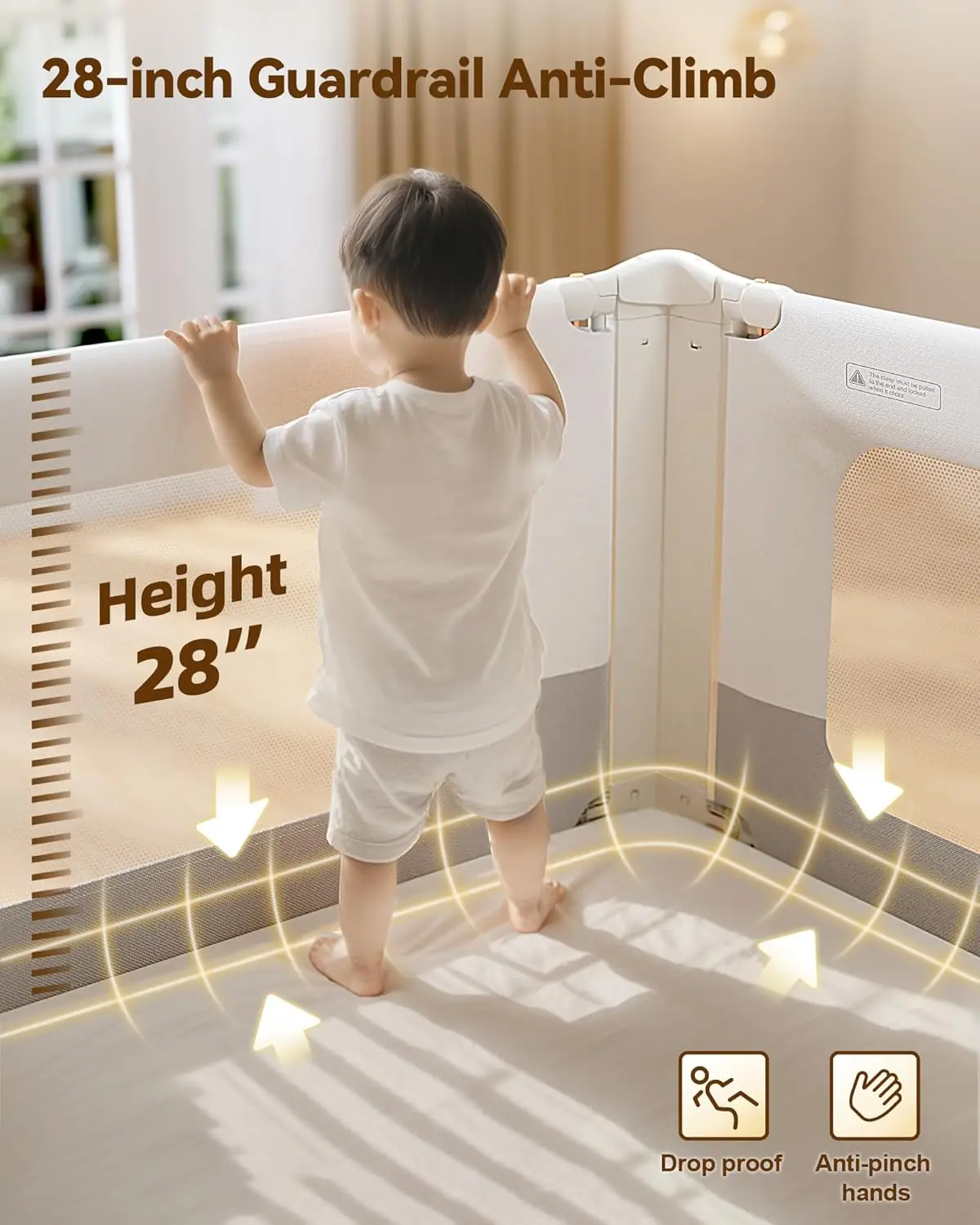 ارتفاع قابل للتعديل لسرير الأطفال الصغار مع قفل مزدوج، ألومنيوم معزز للسلامة، أبيض/رمادي، 39 بوصة طول × 28 ساعة