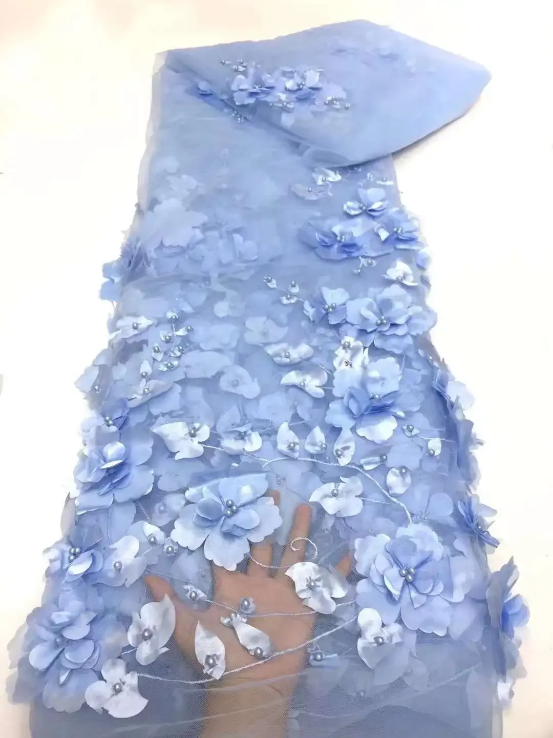 3D Flowers In blue French Lace Fabric 2024 High Quality Lace Net African Lace Fabric With Beads Lace Fabrics For Wedding Dress