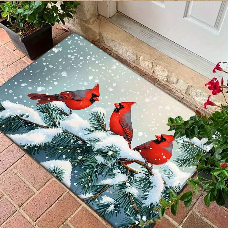 Flannel Doormat with a Thickness of 0.47inch - 1pc, Winter Christmas Snowy Ground with Red Cardinal Print, Non-slip Mat Rug, Comfortable Floor Mat, 