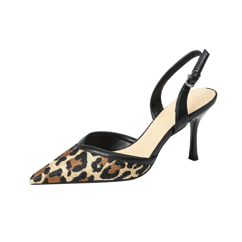 

Женские летние босоножки-слингбэки на шпильке с леопардовым принтом и острым носком (4,5-8,5 см), модель Q-900