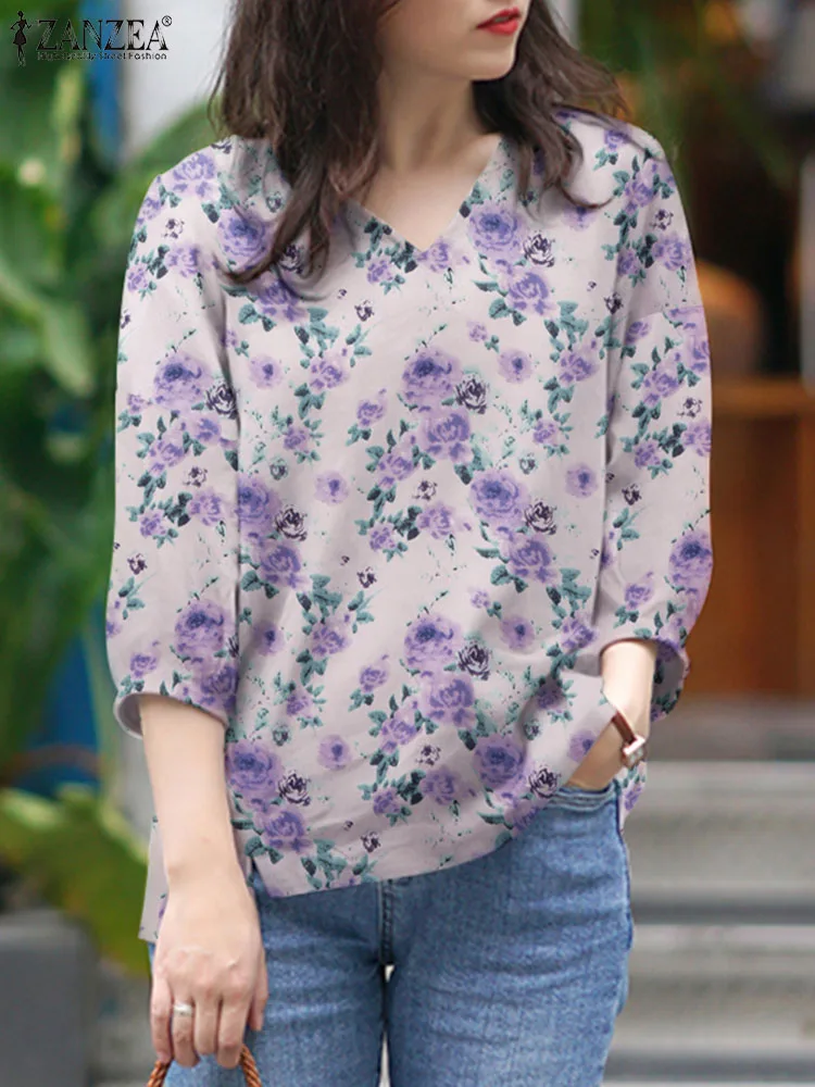 ZANZEA Summer Women Floral Printed Blouse Vintage Shirt Bohemian Tunic Tops Causal V-Neck 3/4 Sleeve Blusas Mujer Femme 2024