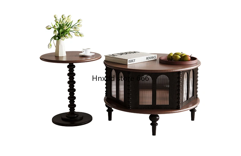 

French retro solid wood coffee table round large apartment living room artistic sense American style