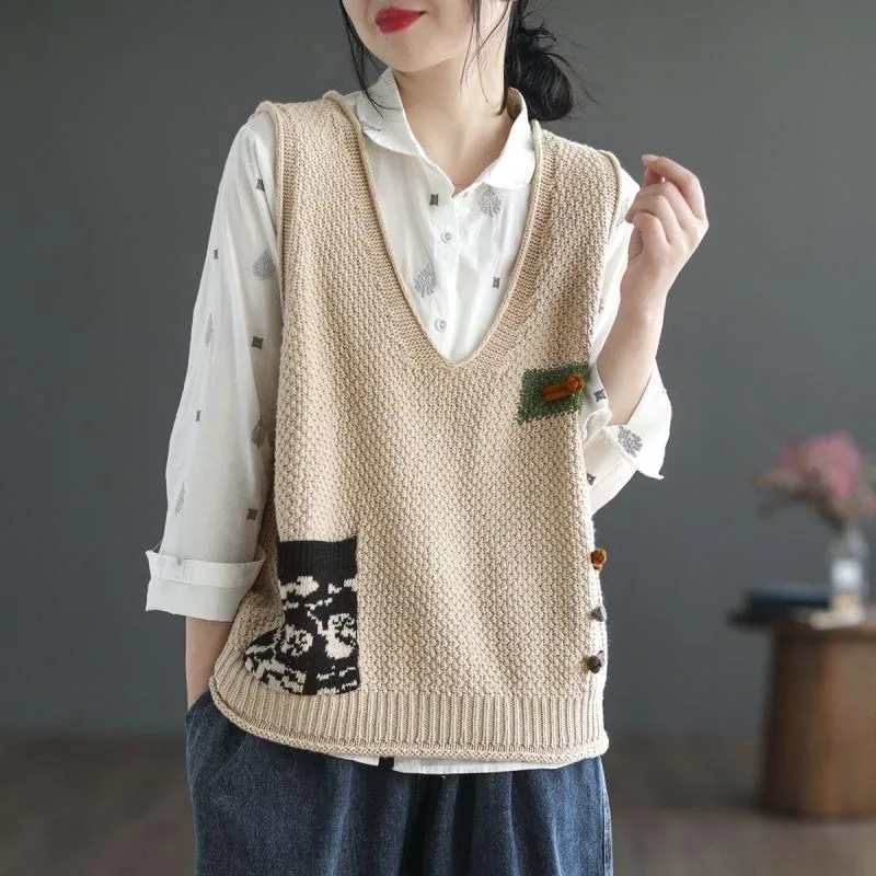 

Autumn Winter New Style Literary Retro V-neck Ethnic Style Disc Knitted Vest Loose Slimming Versatile Top For Women