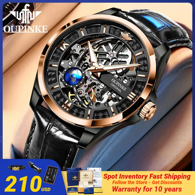 OUPINKE Luxury Brand Original Mechanical Watch for Men Full Skeleton Blue Earth High End Automatic  Wrist watch for Man Leather