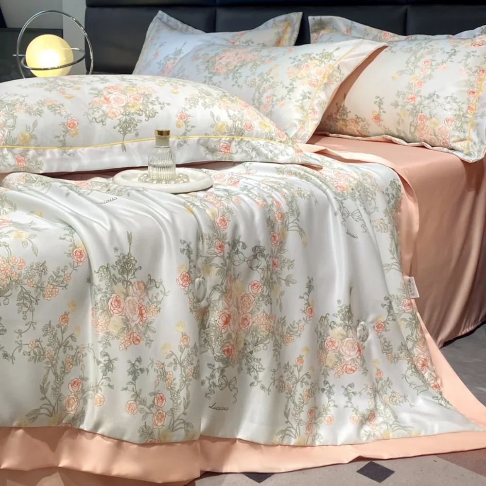 Summer Printed Quilt Set with Pillowcase Washed Cotton Bedding Set Cool Blanket for Summer Breathable Cooling Bed Set