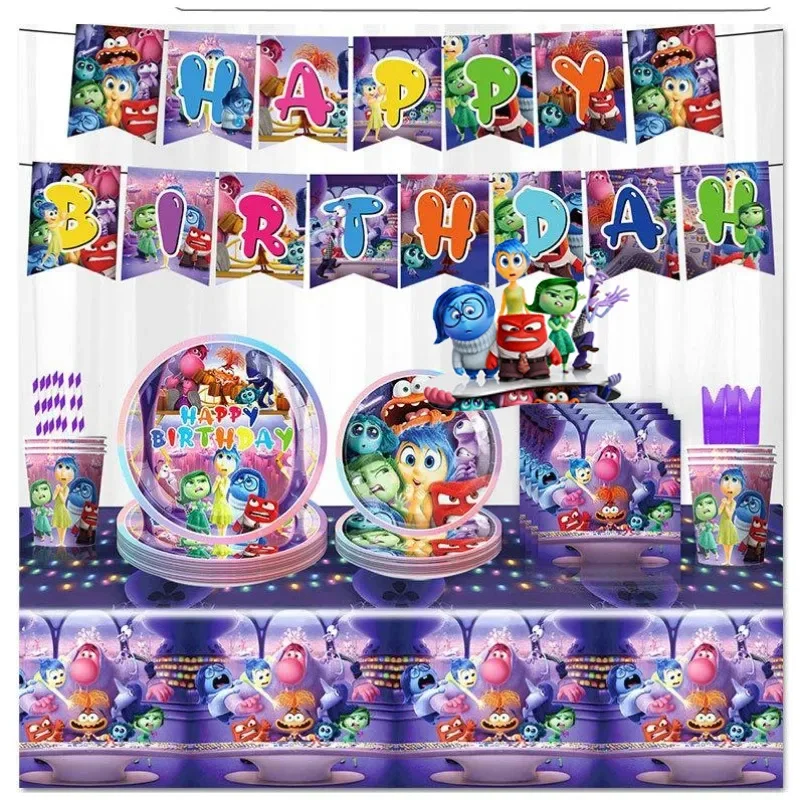 Disney Inside Out Anime Theme Children Birthday Layout Decoration Disposable Paper Plate Set Pull Flag Paper Cup Party Supplies