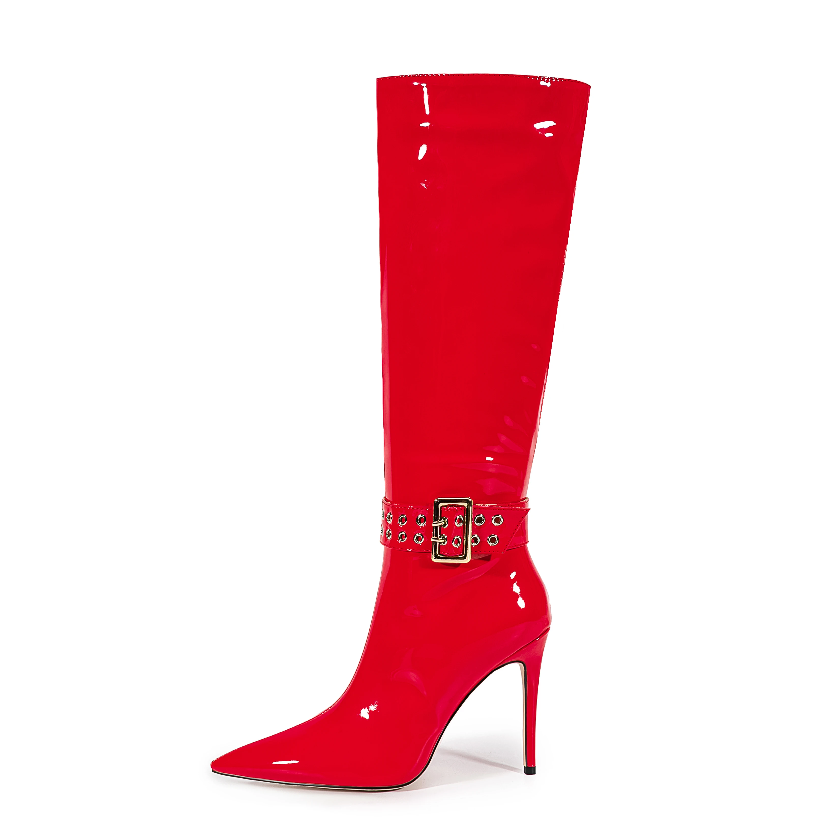 

Pointed toe belt buckle patent leather high heels thin heels knee-length boots 47 large size slim sexy women's high boots Prom