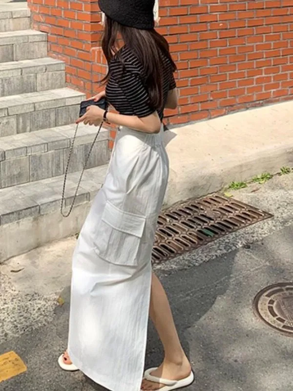 Korean Style Workwear  Skirt with Drawstring Waist Cinching Slimming Large Pockets for Women Spring Autumn Winter