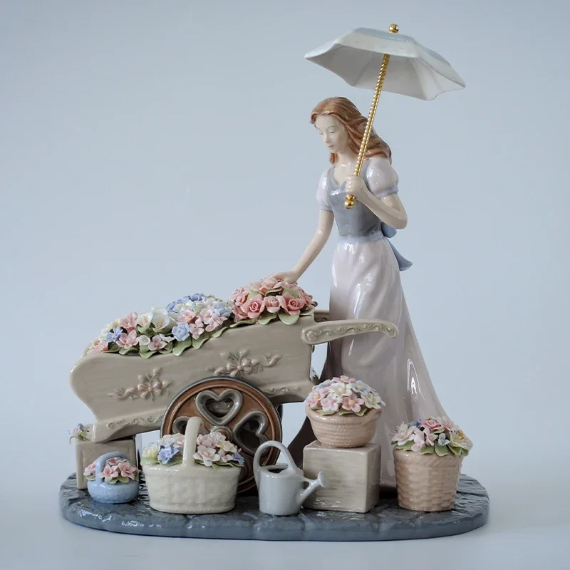 Elegant Flower Girl with Umbrella Cart Porcelain Figurine Hand Painted Floral Ceramic Sculpture Home Living Room Decor Ornament