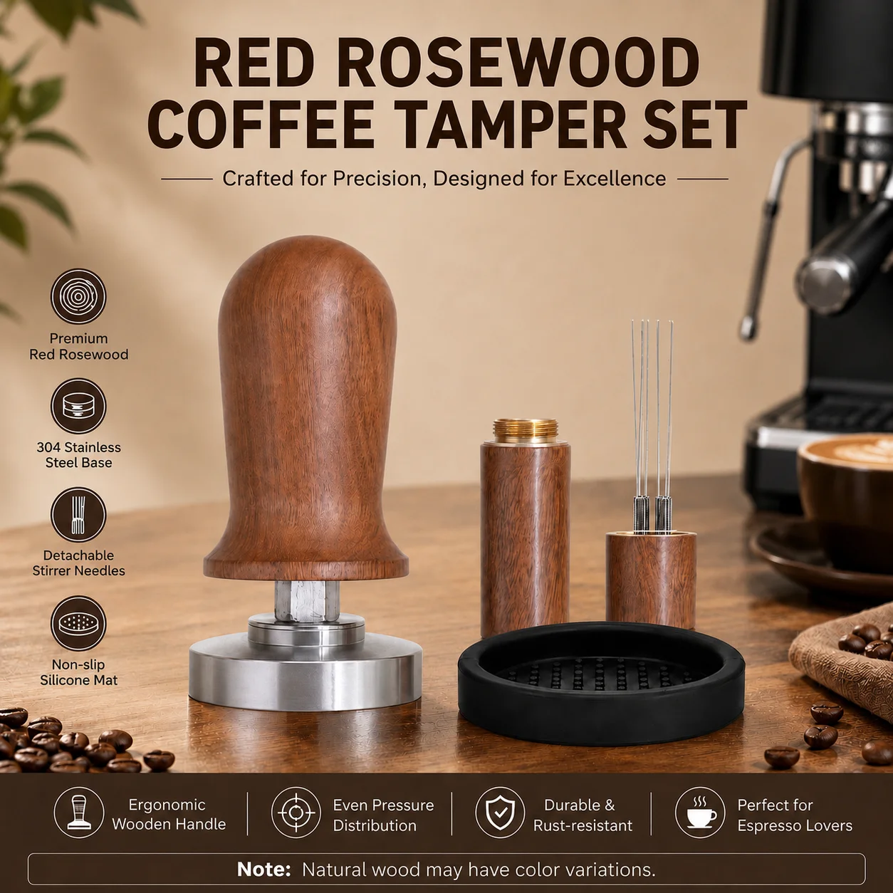 This 3-piece Italian coffee tamper set, made of mahogany and stainless steel, is a high-quality coffee tool set for baristas.