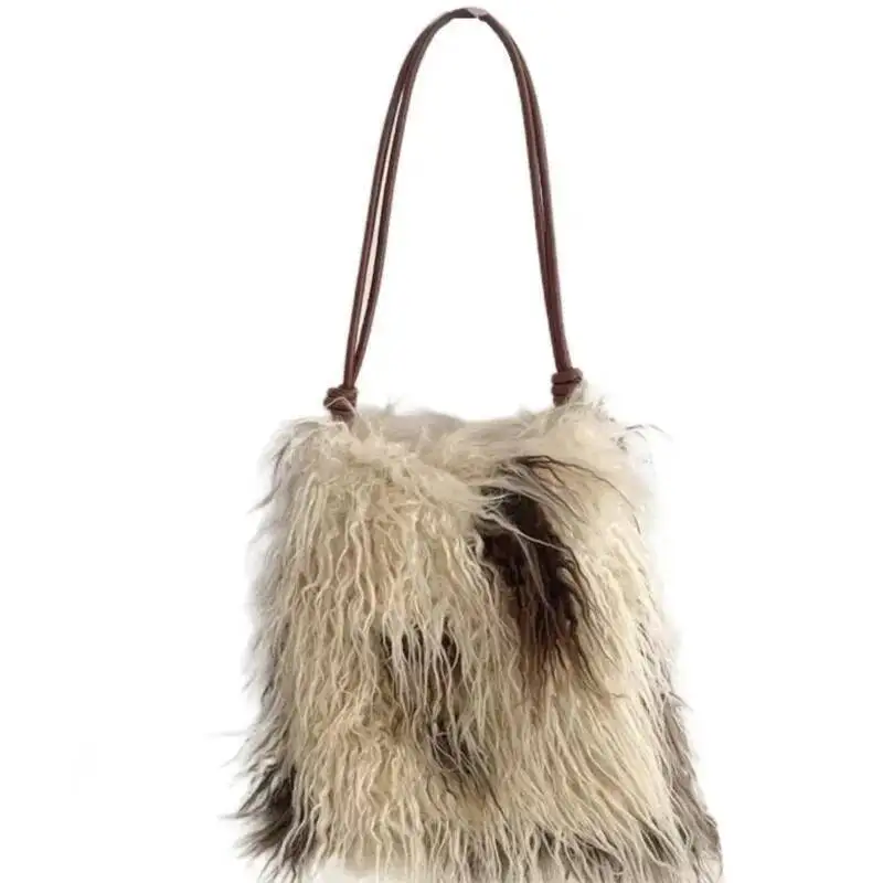 Haruku Beige Plush Tote Women Soft Large Capacity Shoulder Ladies Y2k Aesthetics Unique Distinctive Crossbody Bag 2025