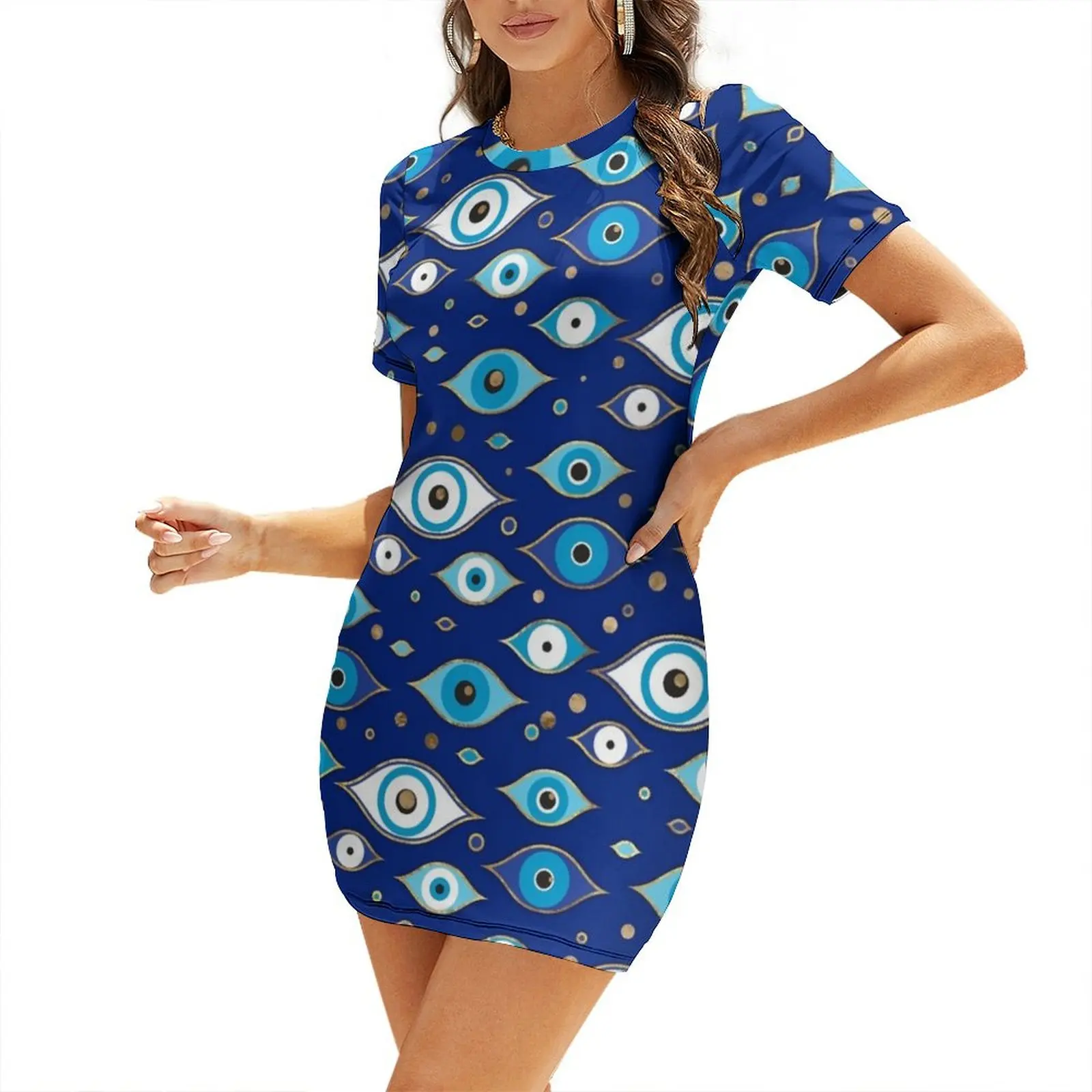 

Evil Eye pattern - dark blue with golden accents Short-Sleeved Dress Dress vintage dress for woman dresses for womens