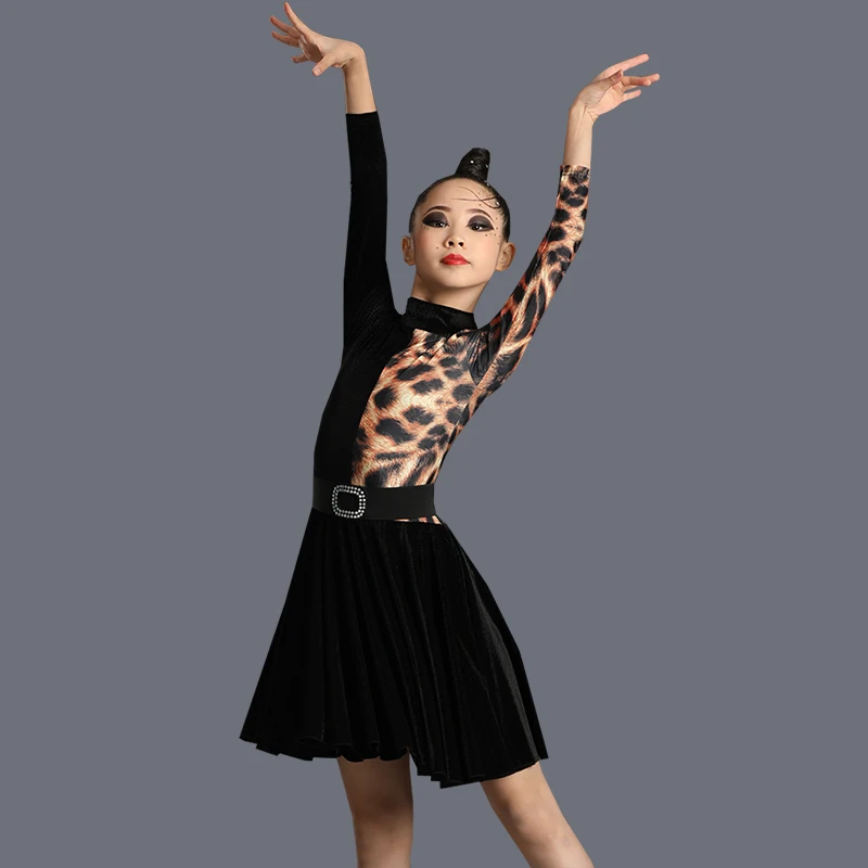 Girl Latin Dance Dress Ballroom Children Dance Salsa Black Leopard Print Kids Tango Dresses Dancing Stage Performance Clothing