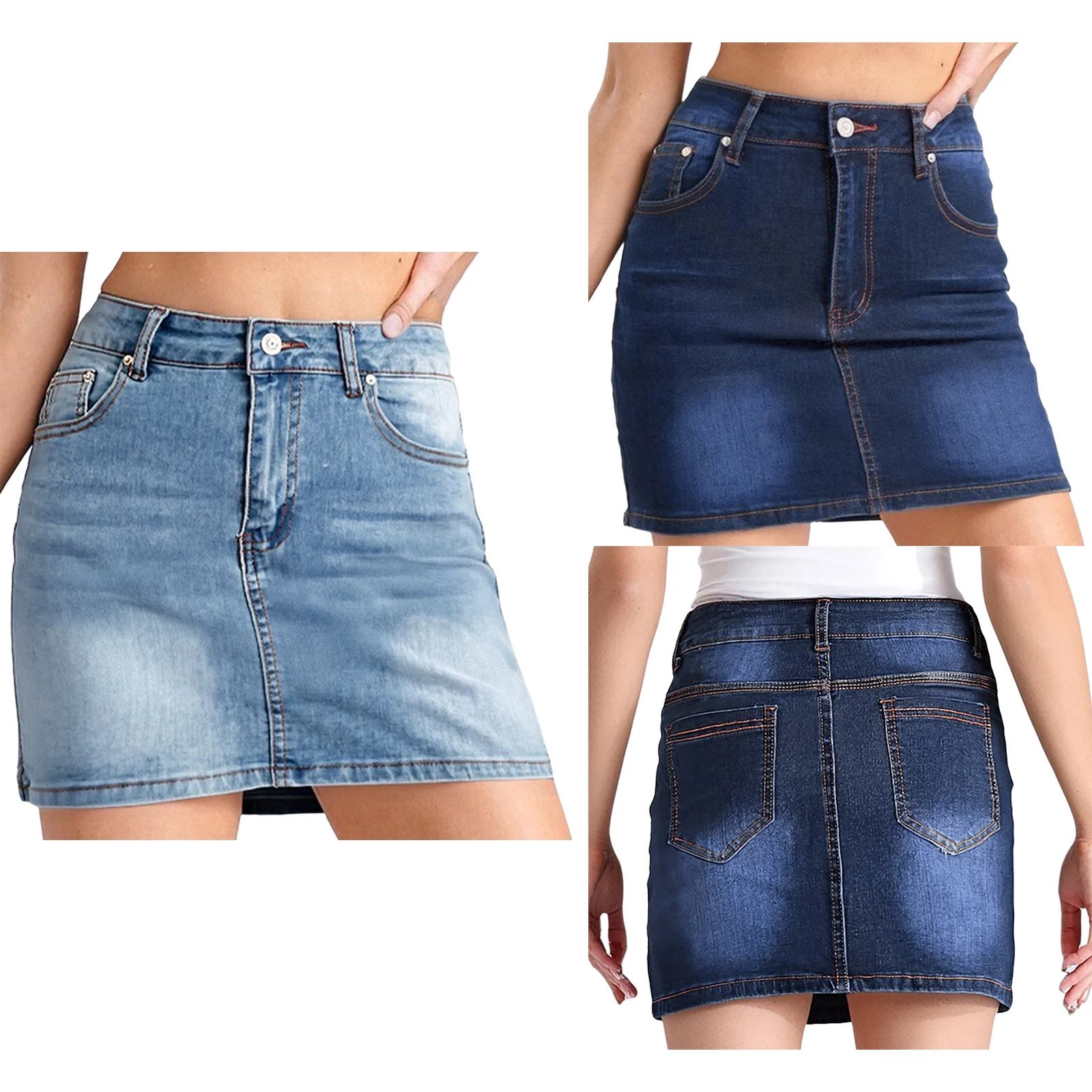 Women Deep Blue Dye Denim Mini Skirt High Waist Pockets Mini Pencil Skirt for Daily Casual Office Shopping Girls Summer Outfits
