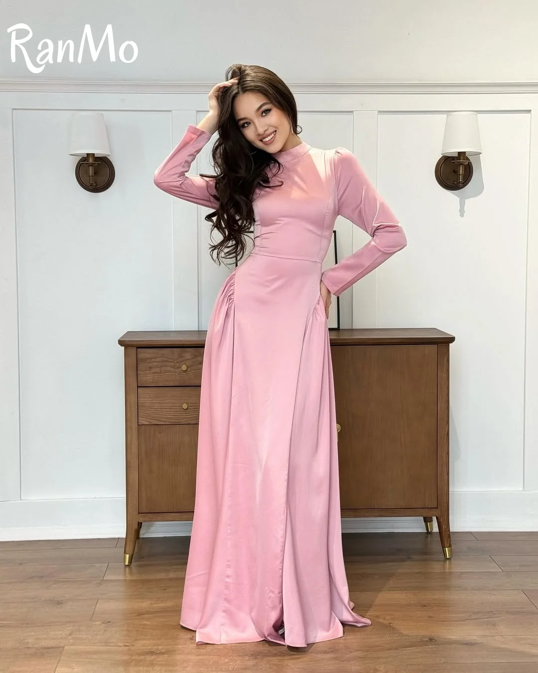 Ranmo Elegant Arabic Evening Dress Pink Chiffon Mermaid High Neck Pleats Long Sleeves Customized Prom Wedding Gown Party Dress