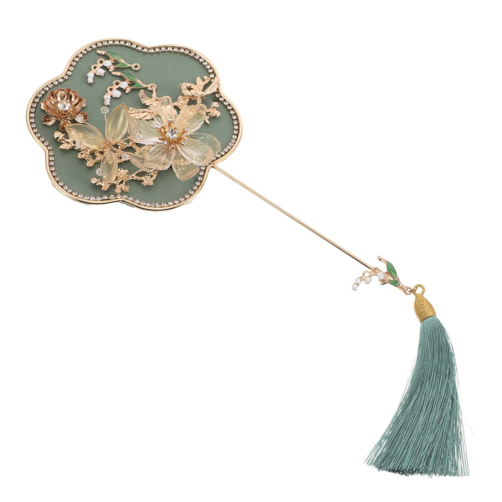 

Mini Chinese Vintage Bridal Silk Fan Embroidered Rhinestone Crystal Flower Tassel Traditional Wedding Dance Photo Prop Flower