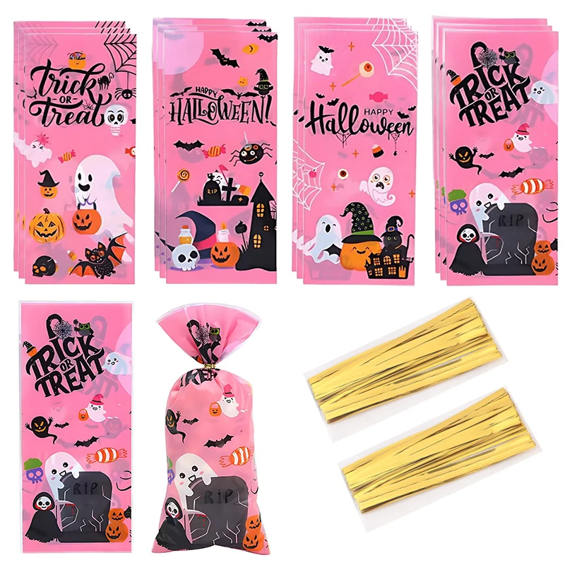 50/100PCS Pink Halloween Trick or Treat Bags with Cute Ghosts Pumpkins Bat Spider Party Favors Gift Wrapping Souvenirs Decor ZYF