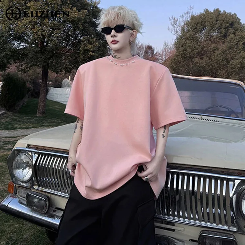 

LUZHEN Neck Short 2025 Summer Pearl Round Patchwork Design Sleeve T-shirts Men's Stylish Street Loose Shoulder Pad Tops JY3476