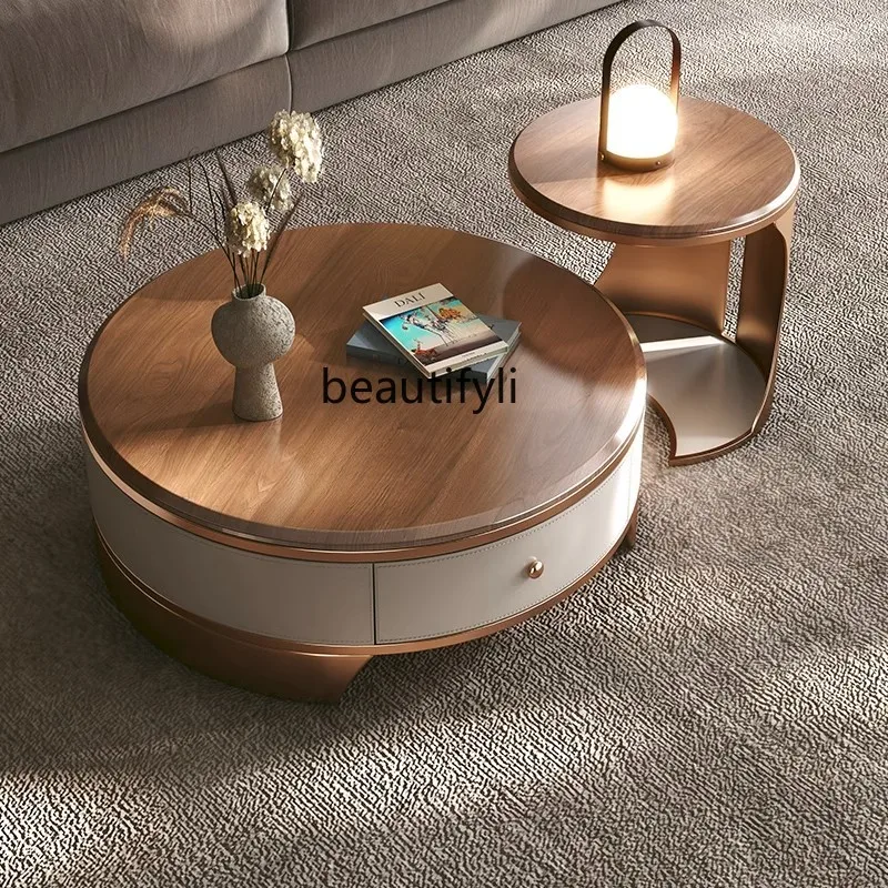 Italian Minimalist Light Luxury Black Walnut Solid Wood Coffee Table Household round Natural Marble