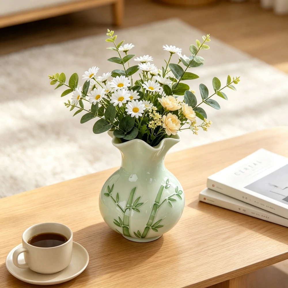 Embossed Floral Ceramic Vase Pastel Color Relief Peony Bamboo Pattern Vase Nordic Home Tabletop Decorative