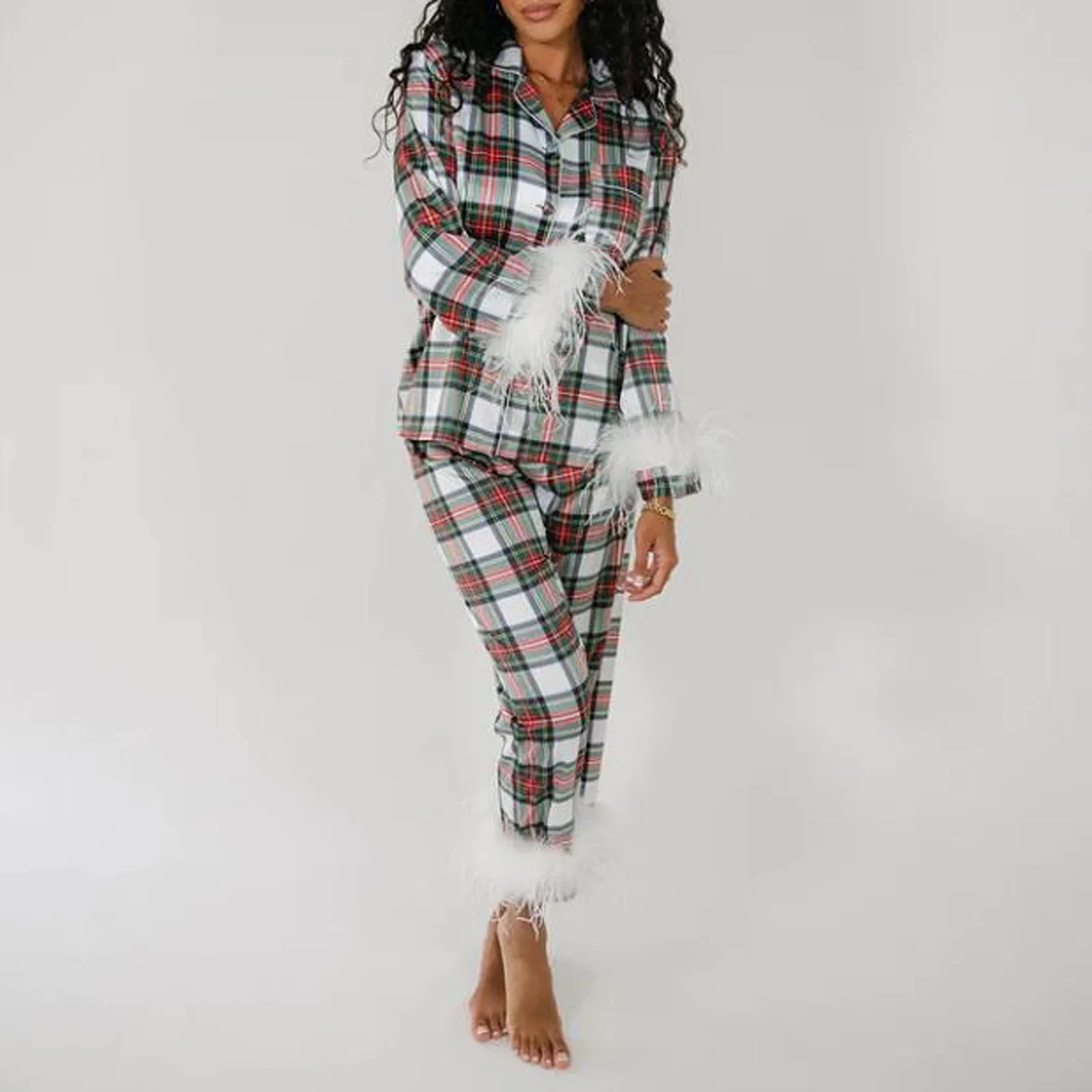 Womens Christmas Pajamas Sets Long Sleeve Button Down Fur Trim Shirt Matching Pants 2 Piece Lounge Set Sleepwear