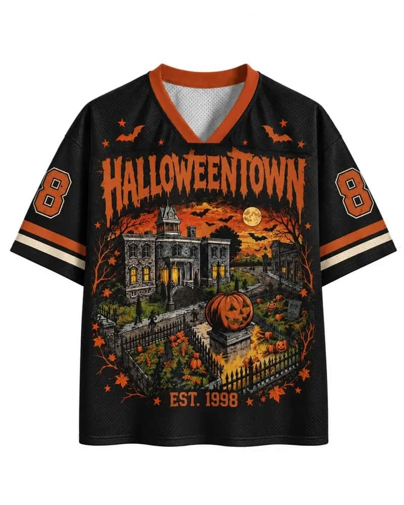 Halloween Mesh V-neck Jersey Retro Halloween Haunted House Pumpkin Bat Full Moon Print American Loose Fitting Rugby Shirt Top