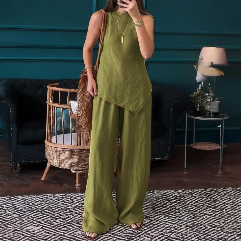 

Loose Fit Women Suit Stylish Women's Irregular Hem 2 Piece Outfit Set with Sleeveless Top Wide Leg Pants for Summer Casual